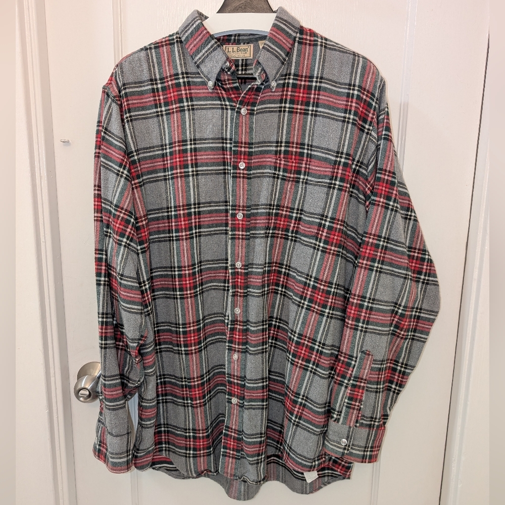 Vintage LL Bean Flannel Shirt Men Large Tall Green Red Tartan Plaid USA MADE